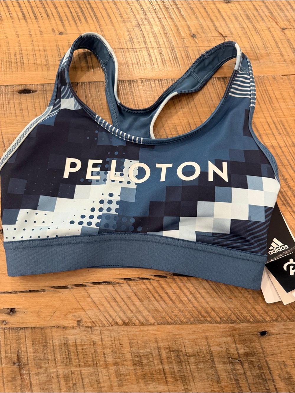 Adidas Peloton co-branded Pixel-Print Navy & Light Blue Racerback Sports Bra